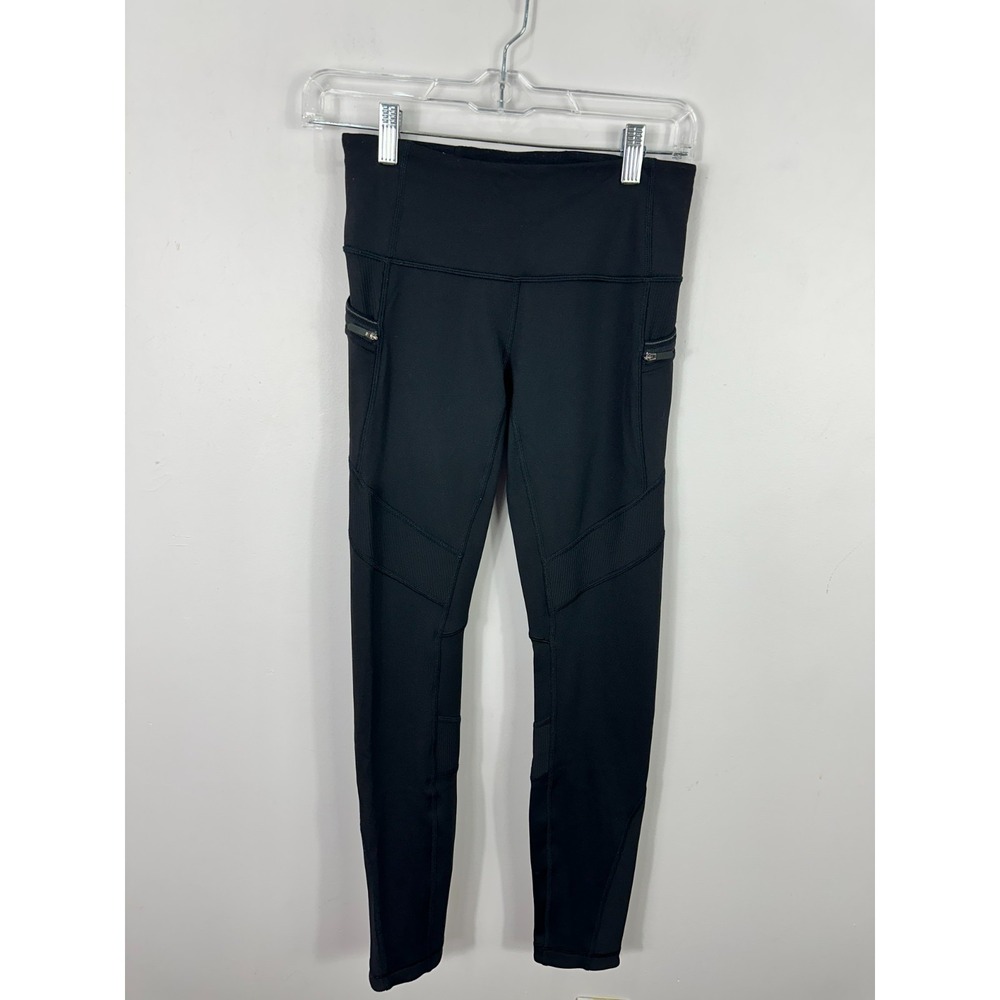 Lululemon‎ Tight Leggings Womens 4 Black Zip Pocket Ribbed Mesh Athletic Running